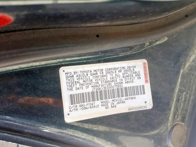 JT2GK13E5S0075651 - 1995 TOYOTA CAMRY XLE GREEN photo 10