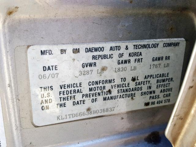 KL1TD66638B036837 - 2008 CHEVROLET AVEO BASE Gümüş foto 10