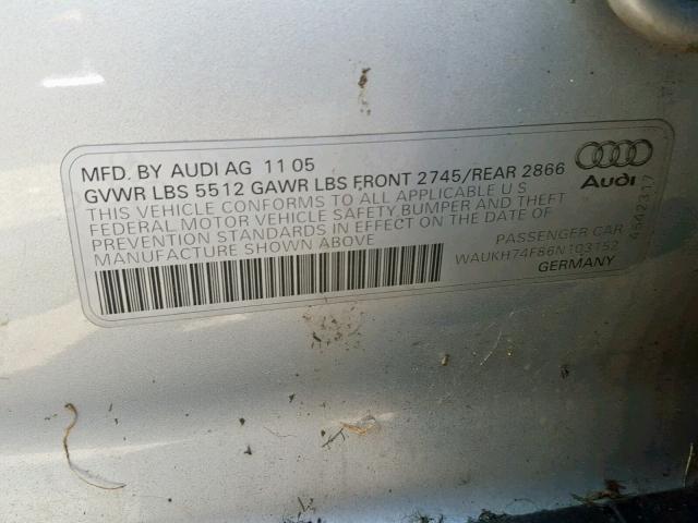 WAUKH74F86N103152 - 2006 AUDI A6 AVANT Q SILVER photo 10