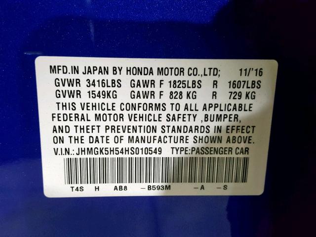 JHMGK5H54HS010549 - 2017 HONDA FIT LX BLUE photo 10