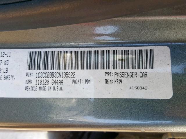 1C3CCBBB3CN135922 - 2012 CHRYSLER 200 TOURIN GRAY photo 10