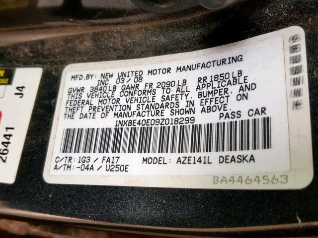 1NXBE40E09Z018299 - 2009 TOYOTA COROLLA XR CHARCOAL photo 10