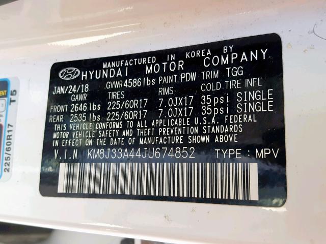 KM8J33A44JU674852 - 2018 HYUNDAI TUCSON SEL WHITE photo 10