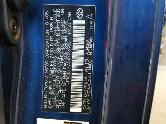 JTKDE177350036986 - 2005 TOYOTA SCION TC 蓝色 照片 10