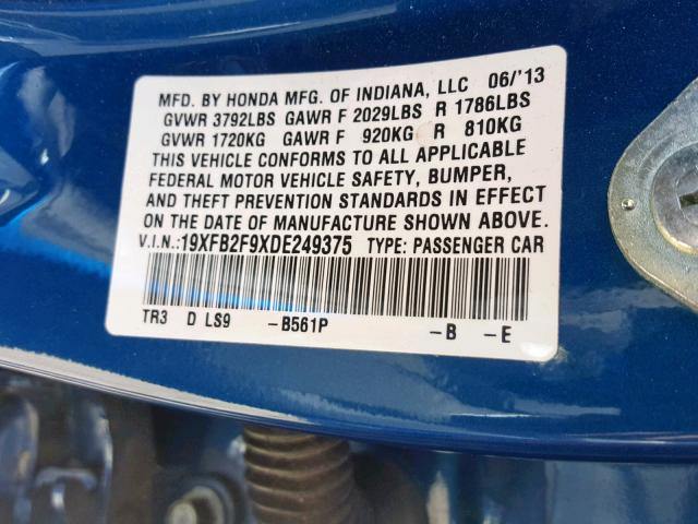 19XFB2F9XDE249375 - 2013 HONDA CIVIC EXL BLUE photo 10