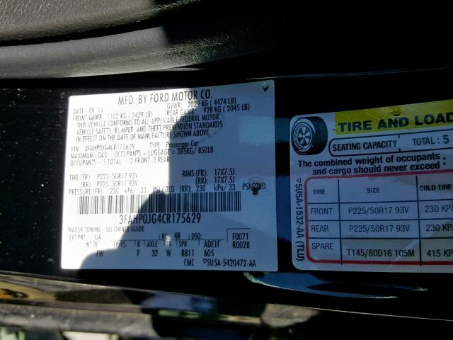 3FAHP0JG4CR175629 - 2012 FORD FUSION SEL BLACK photo 10