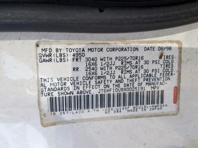 JT6HF10U8X0025191 - 1999 LEXUS RX 300 WHITE photo 10