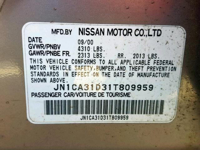 JN1CA31D31T809959 - 2001 NISSAN MAXIMA GXE GRAY photo 10