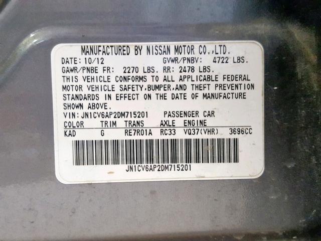 JN1CV6AP2DM715201 - 2013 INFINITI G37 BASE CHARCOAL photo 10