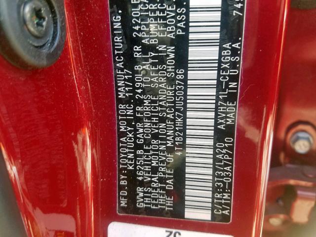 4T1B21HK7JU503786 - 2018 TOYOTA CAMRY HYBR RED photo 10