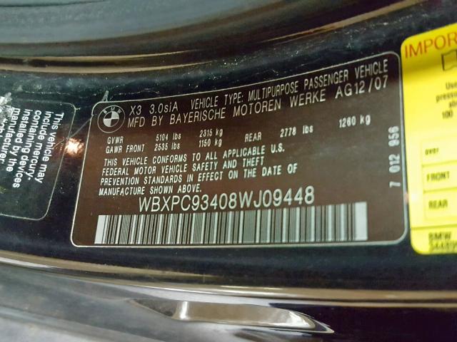 WBXPC93408WJ09448 - 2008 BMW X3 3.0SI BLACK photo 10