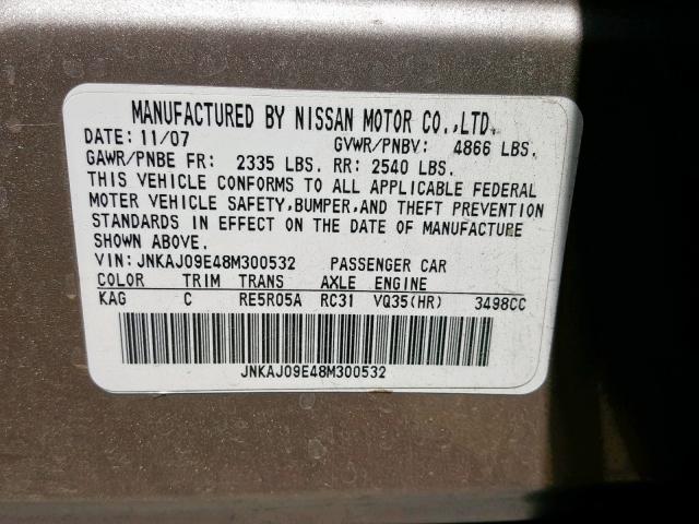 JNKAJ09E48M300532 - 2008 INFINITI EX35 BASE GOLD photo 10