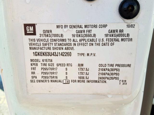 1GKEK63U43J142260 - 2003 GMC YUKON DENA WHITE photo 10