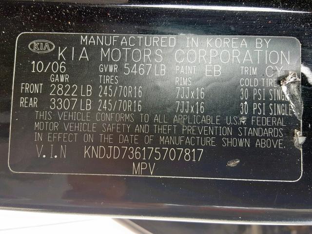 KNDJD736175707817 - 2007 KIA SORENTO EX BLACK photo 10