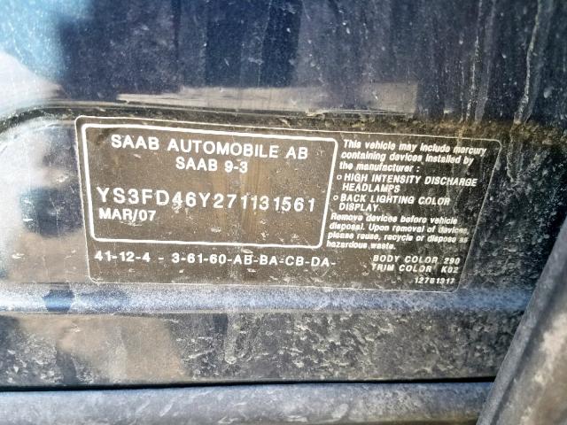 YS3FD46Y271131561 - 2007 SAAB 9-3 2.0T BLUE photo 10