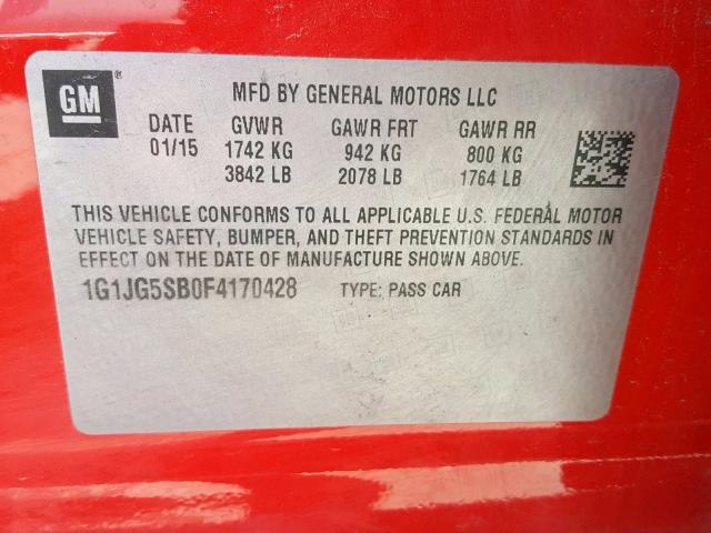 1G1JG5SB0F4170428 - 2015 CHEVROLET SONIC RS RED photo 10