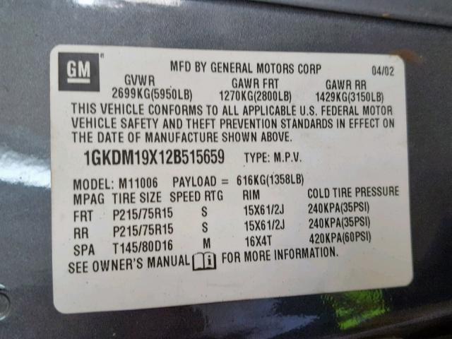 1GKDM19X12B515659 - 2002 GMC SAFARI XT GRAY photo 10