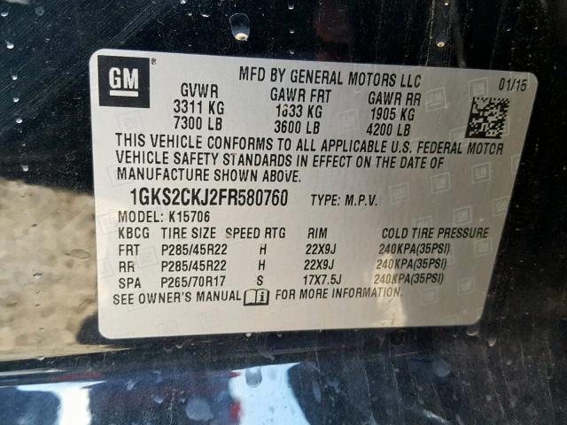 1GKS2CKJ2FR580760 - 2015 GMC YUKON DENA BLUE photo 10