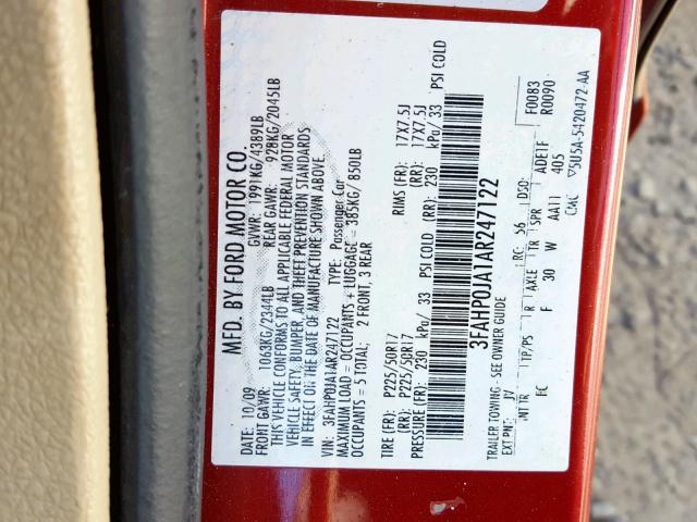 3FAHP0JA1AR247122 - 2010 FORD FUSION SEL RED photo 10