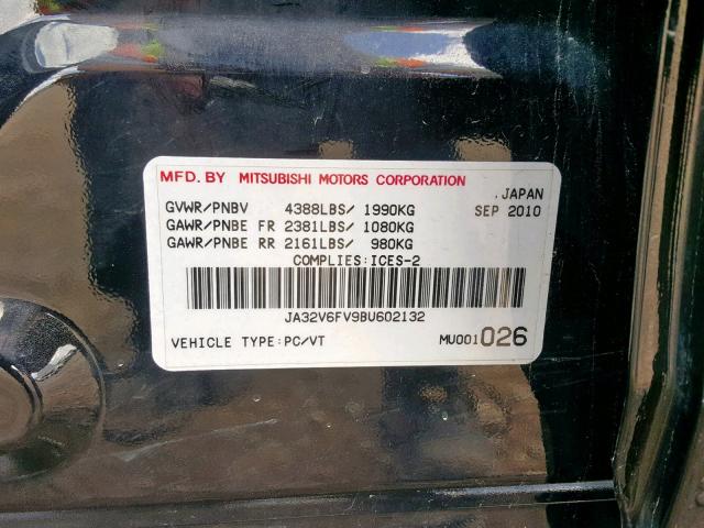 JA32V6FV9BU602132 - 2011 MITSUBISHI LANCER RAL BLACK photo 10