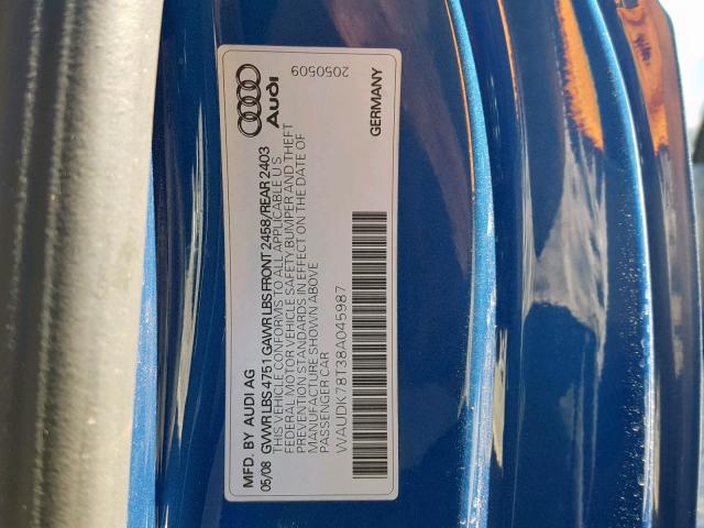 WAUDK78T38A045987 - 2008 AUDI A5 QUATTRO BLUE photo 10