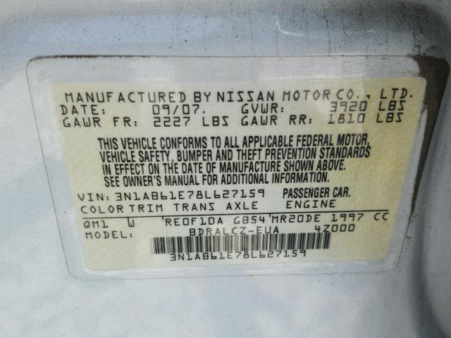 3N1AB61E78L627159 - 2008 NISSAN SENTRA 2.0 WHITE photo 10