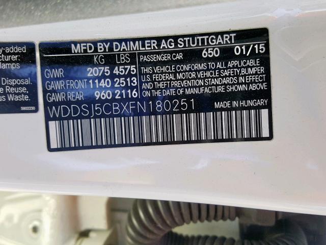WDDSJ5CBXFN180251 - 2015 MERCEDES-BENZ CLA 45 AMG WHITE photo 10