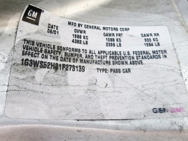 1G3WS52H81F273139 - 2001 OLDSMOBILE INTRIGUE G SILVER photo 10