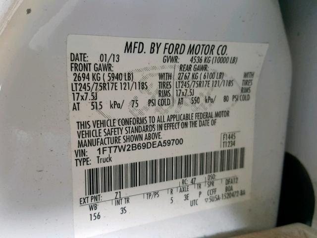 1FT7W2B69DEA59700 - 2013 FORD F250 SUPER WHITE photo 10