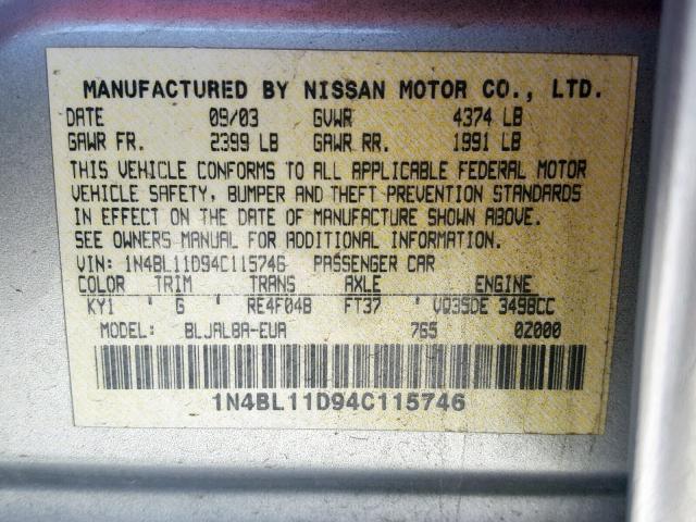 1N4BL11D94C115746 - 2004 NISSAN ALTIMA SE SILVER photo 10