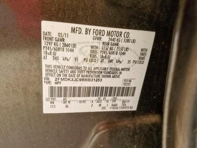 2FMDK3JC9BBB31253 - 2011 FORD EDGE SEL BROWN photo 10