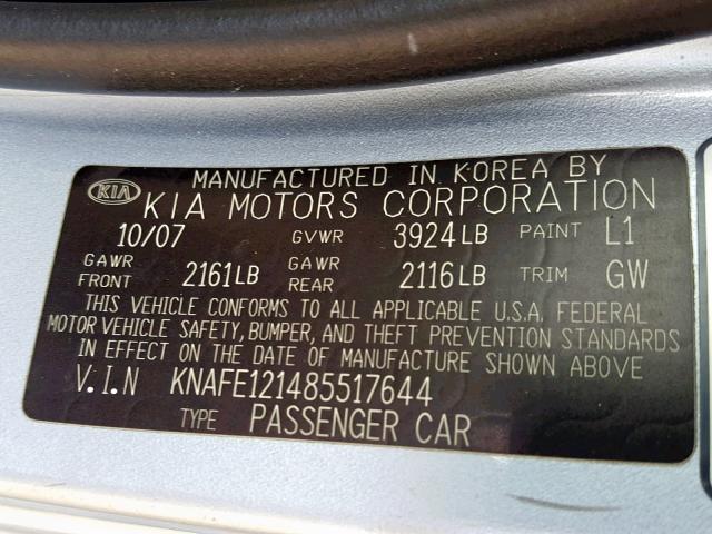 KNAFE121485517644 - 2008 KIA SPECTRA EX BLUE photo 10