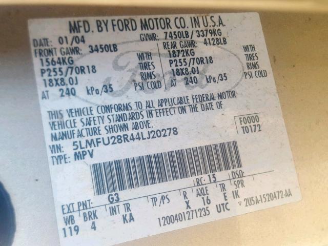 5LMFU28R44LJ20278 - 2004 LINCOLN NAVIGATOR TAN photo 10