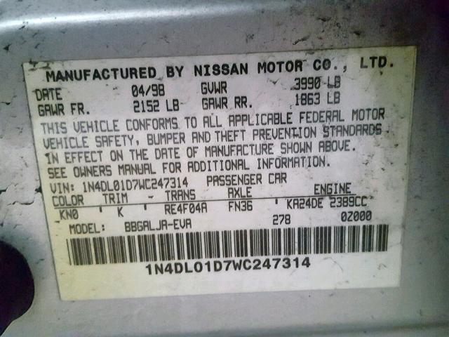 1N4DL01D7WC247314 - 1998 NISSAN ALTIMA XE SILVER photo 10