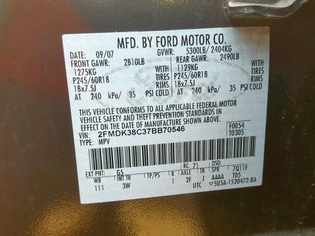 2FMDK38C37BB70546 - 2007 FORD EDGE SEL BLACK photo 10