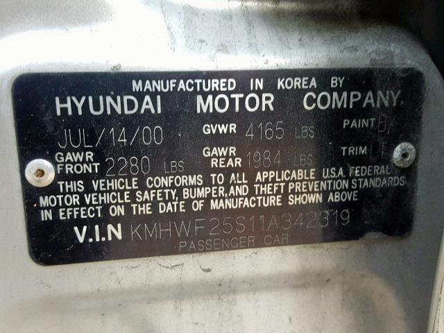 KMHWF25S11A342319 - 2001 HYUNDAI SONATA GL GRAY photo 10