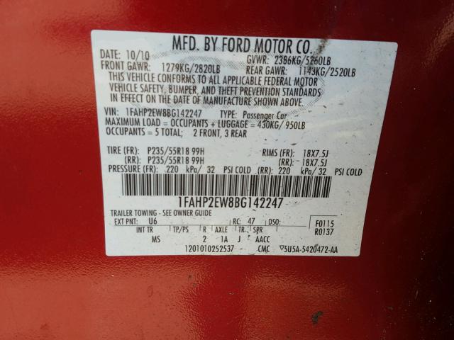 1FAHP2EW8BG142247 - 2011 FORD TAURUS SEL RED photo 10