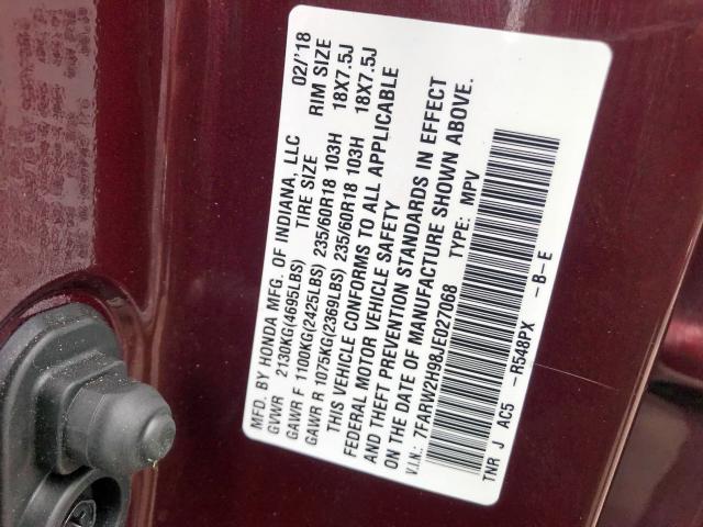 7FARW2H98JE027068 - 2018 HONDA CR-V TOURI MAROON photo 10