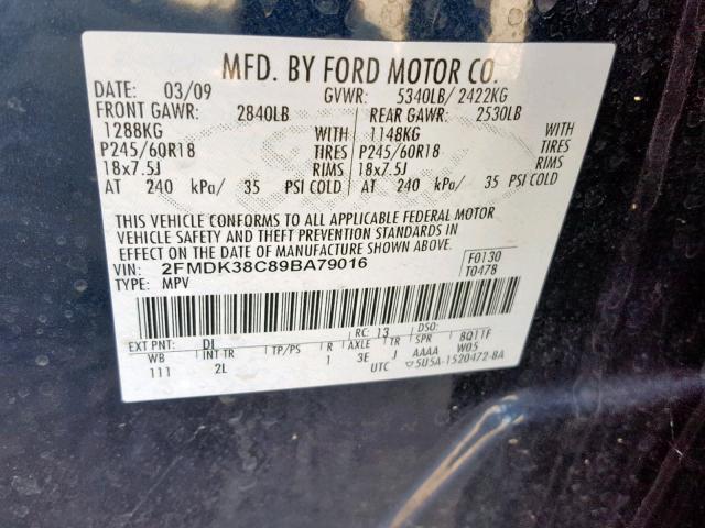 2FMDK38C89BA79016 - 2009 FORD EDGE SEL BLUE photo 10