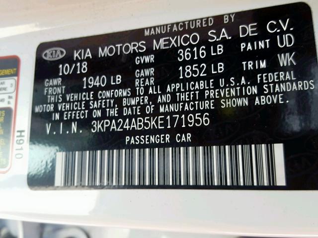 3KPA24AB5KE171956 - 2019 KIA RIO S WHITE photo 10