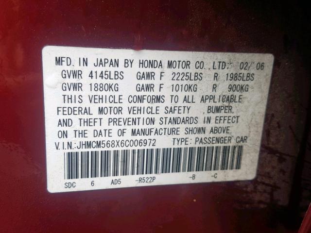 JHMCM568X6C006972 - 2006 HONDA ACCORD EX BURGUNDY photo 10