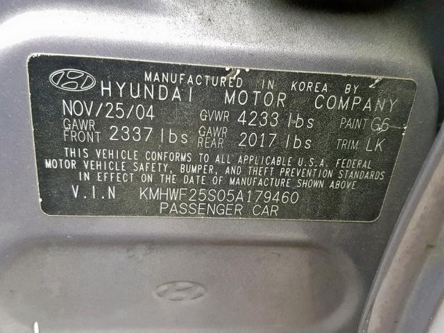 KMHWF25S05A179460 - 2005 HYUNDAI SONATA GL GRAY photo 10