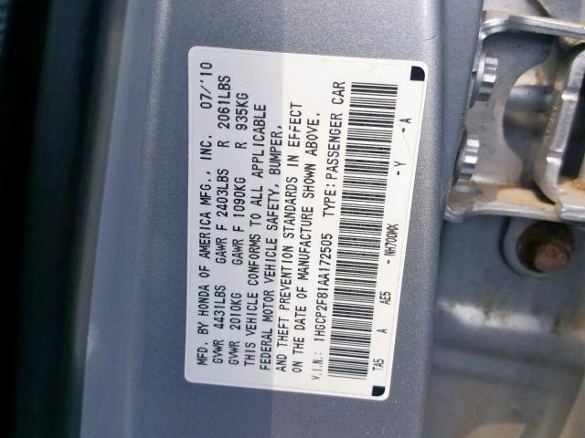 1HGCP2F81AA172505 - 2010 HONDA ACCORD EXL SILVER photo 10