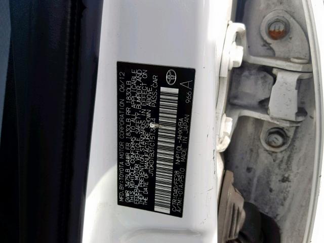 JTDKDTB31C1513844 - 2012 TOYOTA PRIUS C WHITE photo 10