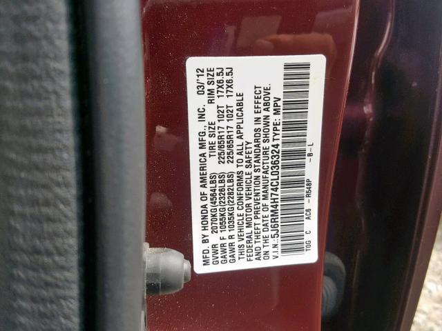 5J6RM4H74CL036324 - 2012 HONDA CR-V EXL BURGUNDY photo 10