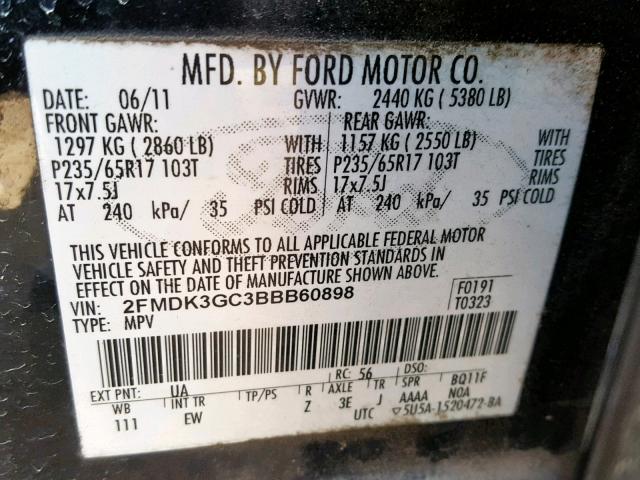 2FMDK3GC3BBB60898 - 2011 FORD EDGE SE BLACK photo 10