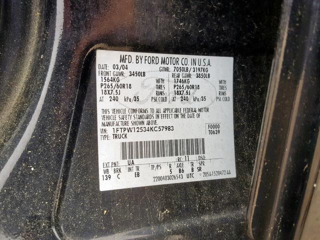 1FTPW12534KC57983 - 2004 FORD F-150 BLACK photo 10