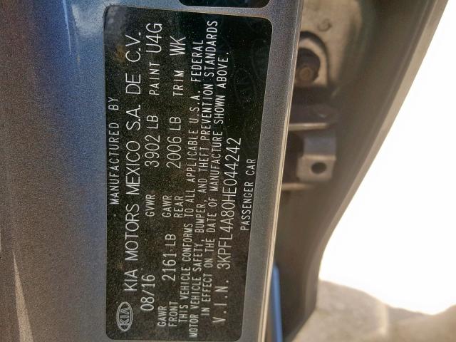 3KPFL4A80HE044242 - 2017 KIA FORTE EX GRAY photo 10