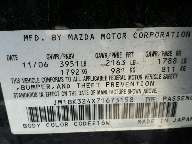 JM1BK324X71673158 - 2007 MAZDA 3 S BLACK photo 10