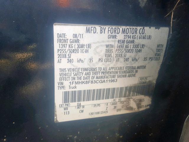 1FMHK8F83CGA11963 - 2012 FORD EXPLORER L BLACK photo 10